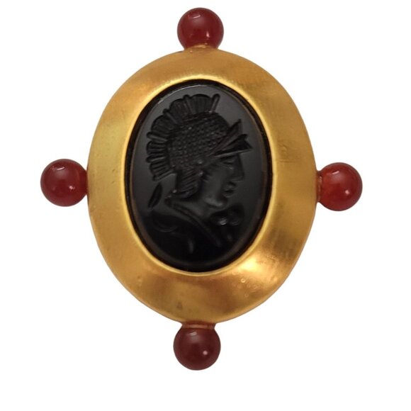 Gold Tone Black Glass Intaglio Centurion Cameo Brooch Pin E839 - Picture 2 of 9